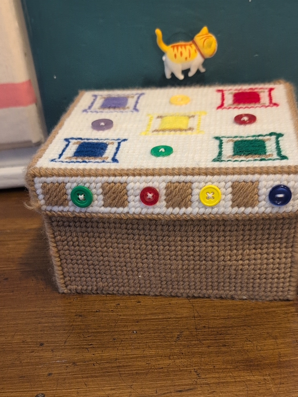 Vintage Handmade Plastic Canvas Sewing Storage Box Needlepoint Yarn Organizer